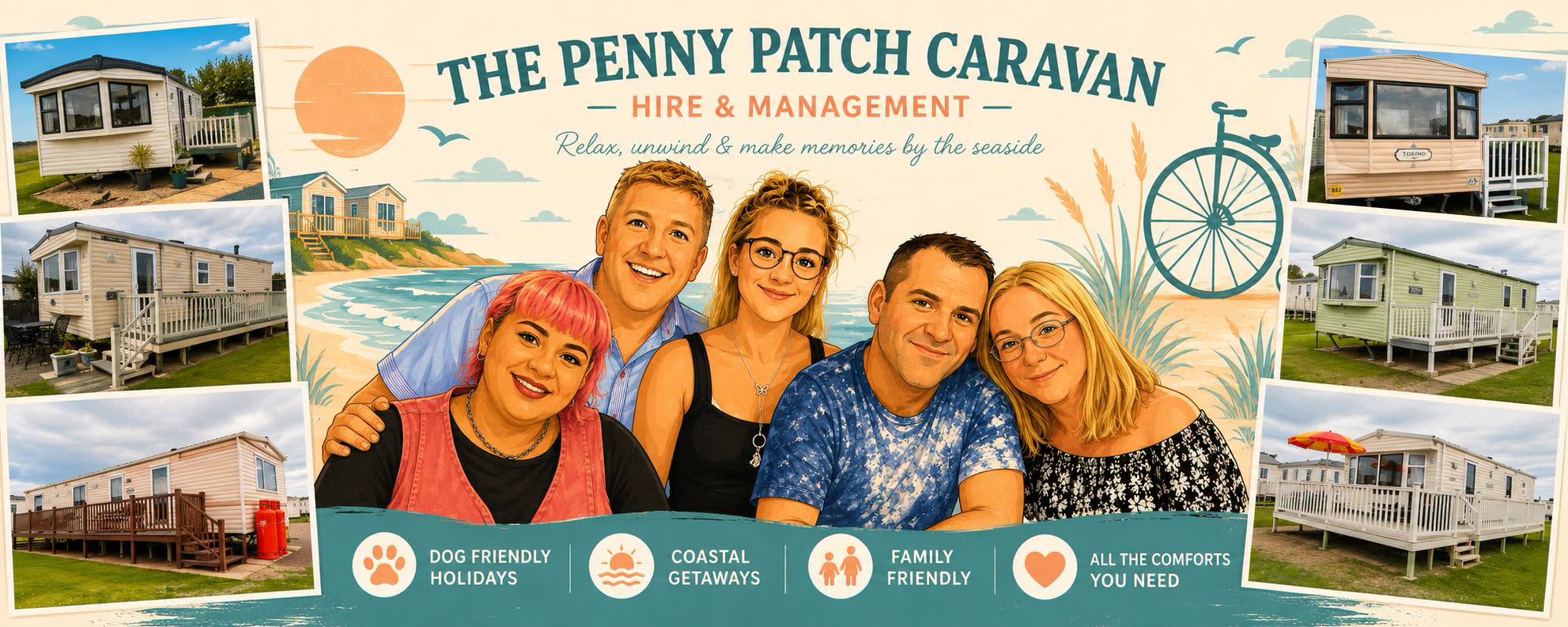 The Penny Patch team and six holiday caravans by the seaside